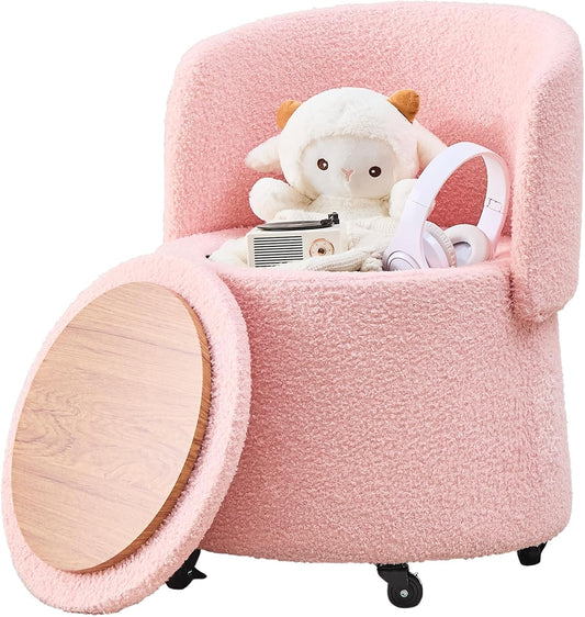 Mxfurhawa Storage Ottoman Modern Vanity Stool with Back Teddy Velvet Footstool with 5 Universal Wheels for Extra Seating Small Side Table Footrest Stool Makeup, Bedroom