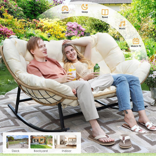 Double rocking chair, ultra comfortable for relaxation, 700 lbs weight capacity, suitable for 1 or more people, available with footrest, and versatile for various settings.
