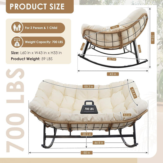 Double rocking chair, ultra comfortable for relaxation, 700 lbs weight capacity, suitable for 1 or more people, available with footrest, and versatile for various settings.